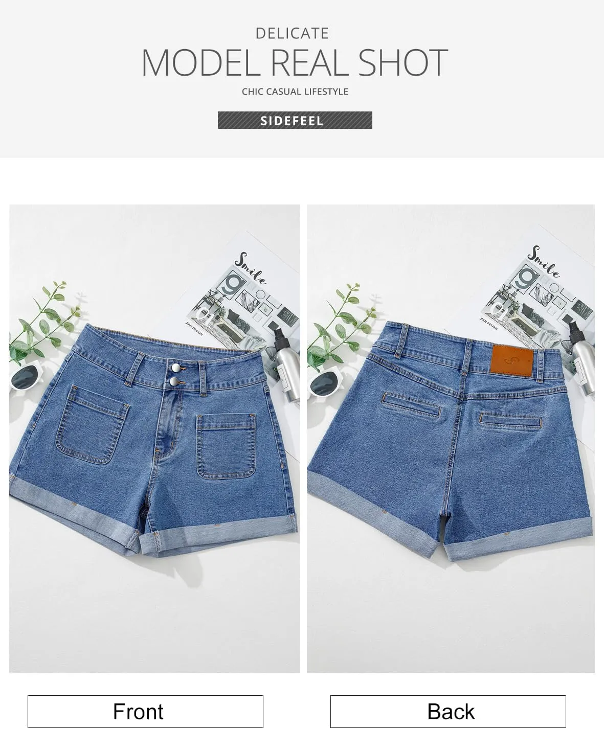 Sidefeel Women's Jean Shorts Casual High Waisted Folded Hem Zimbaplatinum Denim Shorts