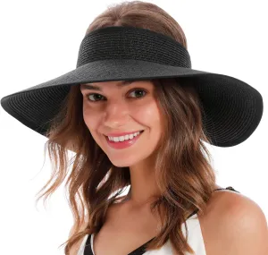 Simplicity Women's Summer Foldable Wide Brim Beach Hats Straw Sun Visor Hats