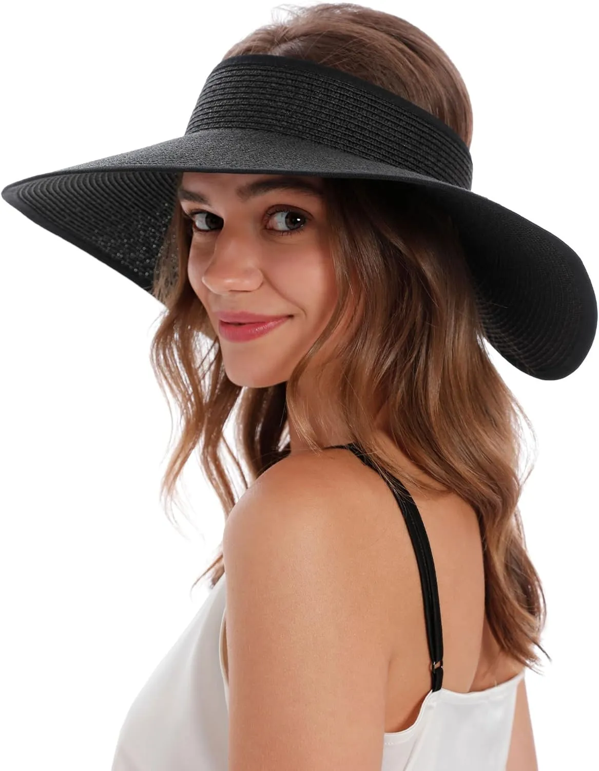 Simplicity Women's Summer Foldable Wide Brim Beach Hats Straw Sun Visor Hats