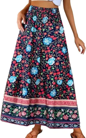 Skirt for Women Summer Vacation Bohemian High Waist Pleated Tummy Control Boha Floral Print Maxi Skirts Streetwear