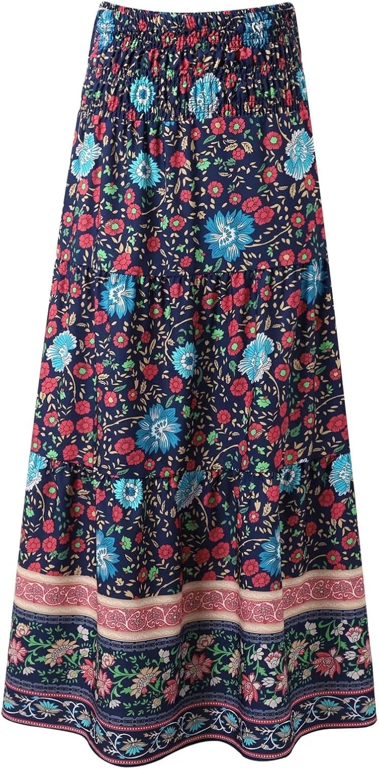Skirt for Women Summer Vacation Bohemian High Waist Pleated Tummy Control Boha Floral Print Maxi Skirts Streetwear