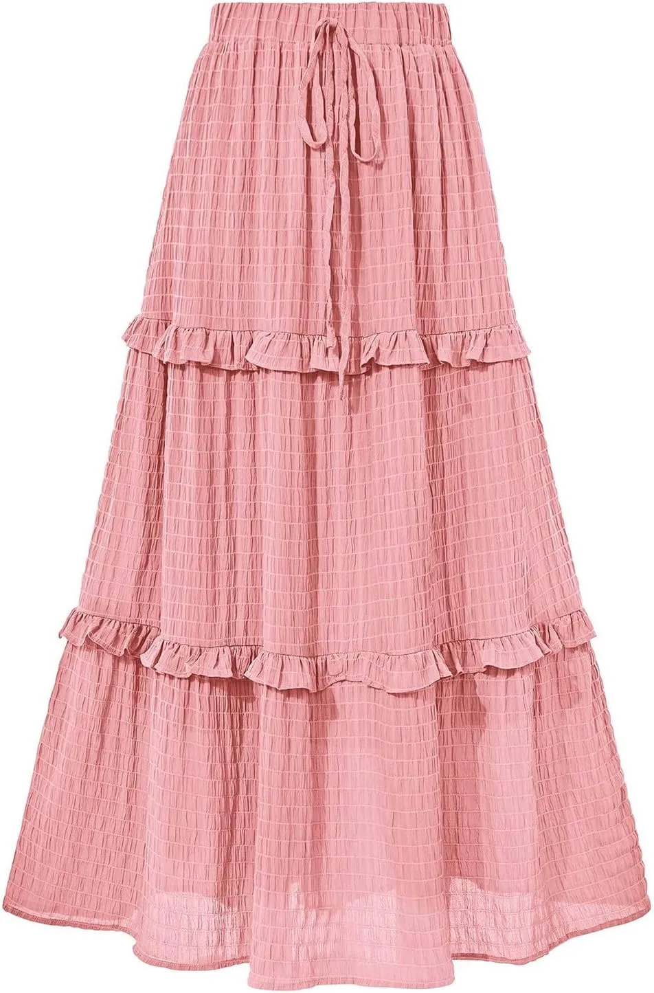 Skirts for Women Casual High Waist Drawstring Elastic Trendy Pleated A-Line Flared Loose Solid Long Skirts for Vacation