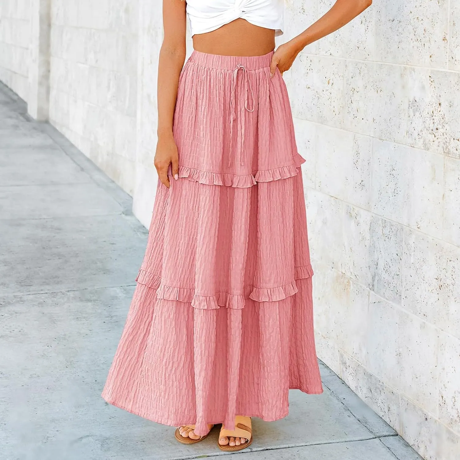 Skirts for Women Casual High Waist Drawstring Elastic Trendy Pleated A-Line Flared Loose Solid Long Skirts for Vacation