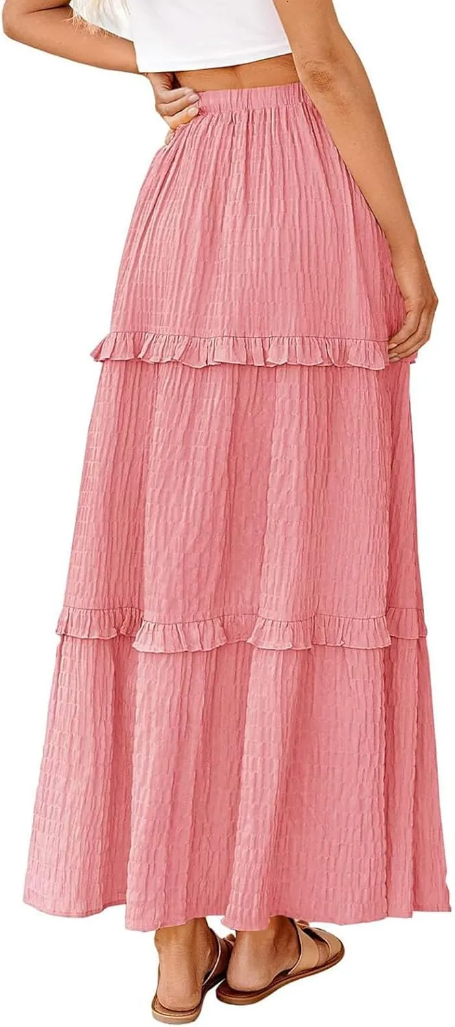 Skirts for Women Casual High Waist Drawstring Elastic Trendy Pleated A-Line Flared Loose Solid Long Skirts for Vacation