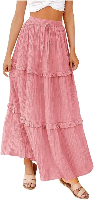 Skirts for Women Casual High Waist Drawstring Elastic Trendy Pleated A-Line Flared Loose Solid Long Skirts for Vacation
