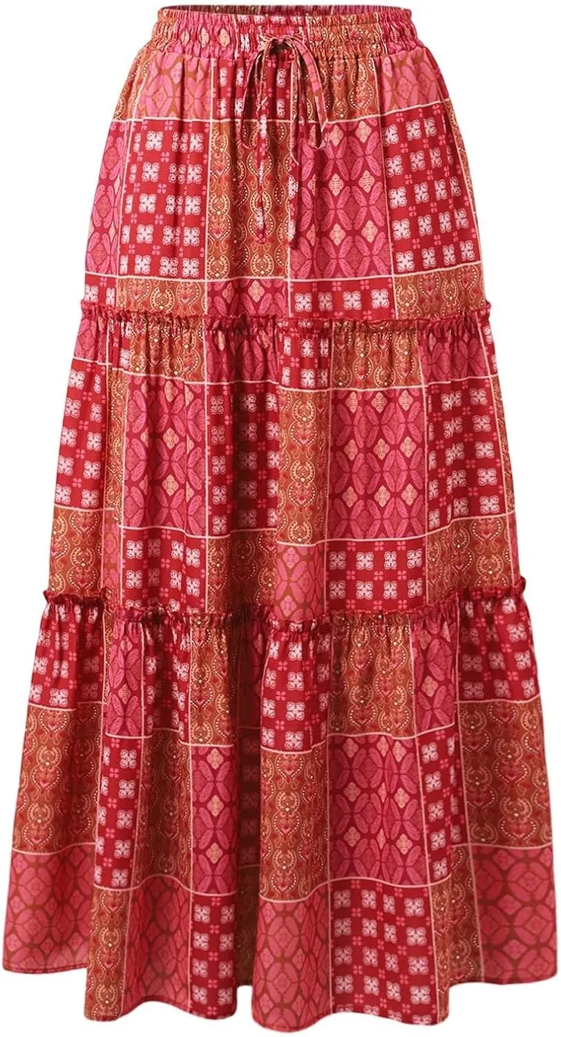 Skirts for Women Trendy Bohemian Summer High Elastic Waist Beach Floral Print A-Line Boha Skirts Vocation Streetwear