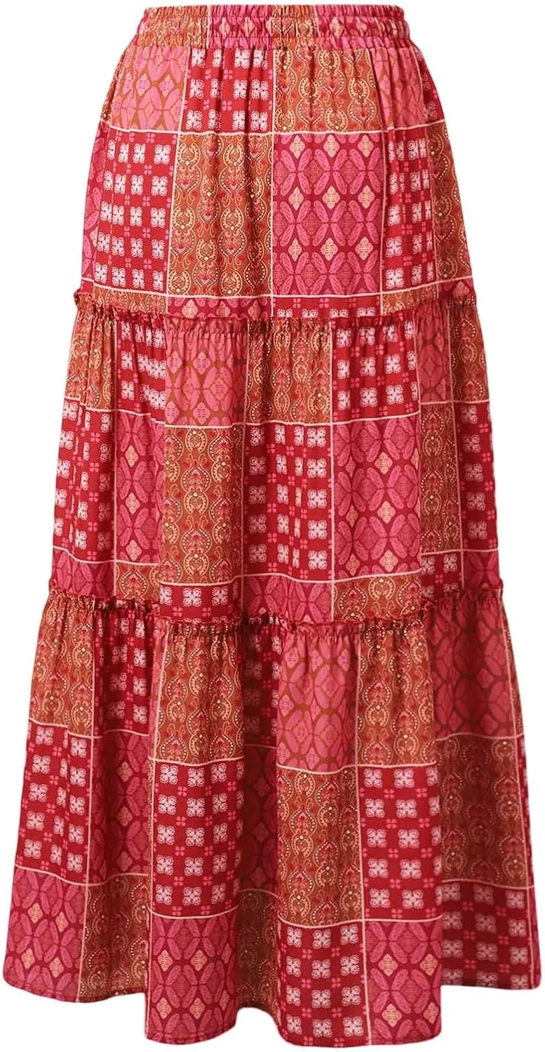 Skirts for Women Trendy Bohemian Summer High Elastic Waist Beach Floral Print A-Line Boha Skirts Vocation Streetwear