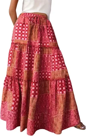 Skirts for Women Trendy Bohemian Summer High Elastic Waist Beach Floral Print A-Line Boha Skirts Vocation Streetwear