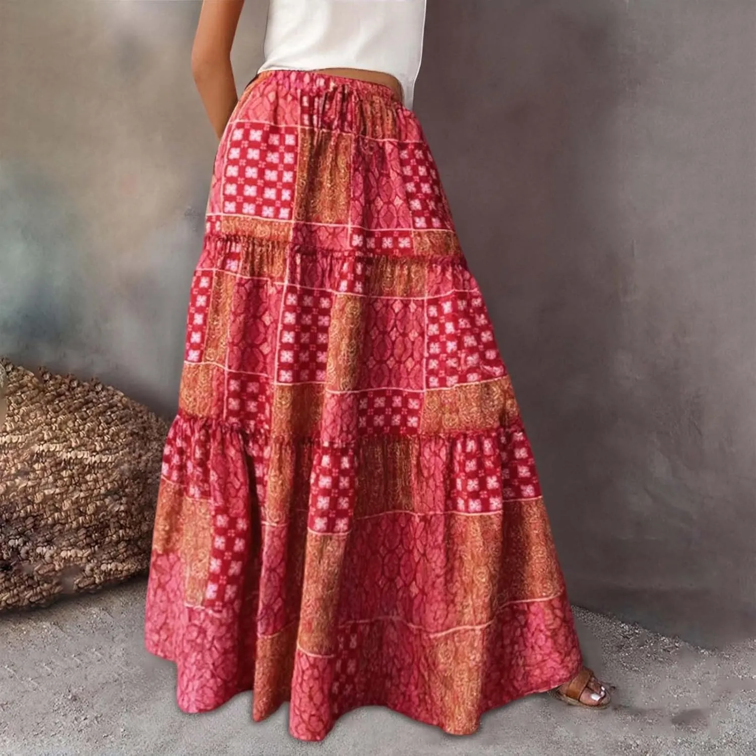 Skirts for Women Trendy Bohemian Summer High Elastic Waist Beach Floral Print A-Line Boha Skirts Vocation Streetwear