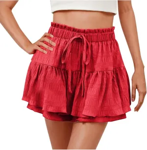 Skirts for Women Trendy Knee Length Casual High Elastic Waist Drawstring Double Ruffle Hem Loose Flowy Summer Skirts