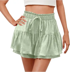 Skirts for Women Trendy Knee Length Casual High Elastic Waist Drawstring Double Ruffle Hem Loose Flowy Summer Skirts