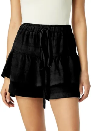 Skirts for Women Trendy Midi Length High Elastic Waist Drawstring Double Ruffle Hem Loose Flowy Casual Short Skirts