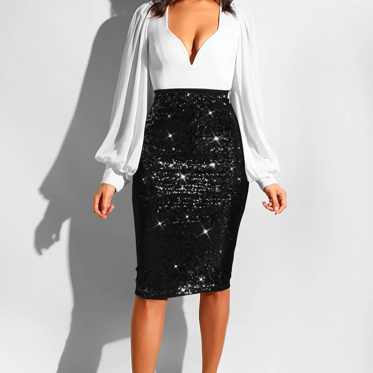 Skirts for Women Trendy Sequin High Elastic Waist Slim Fit Midi Length Pencil A-Line Skirts Fashion Clubwear