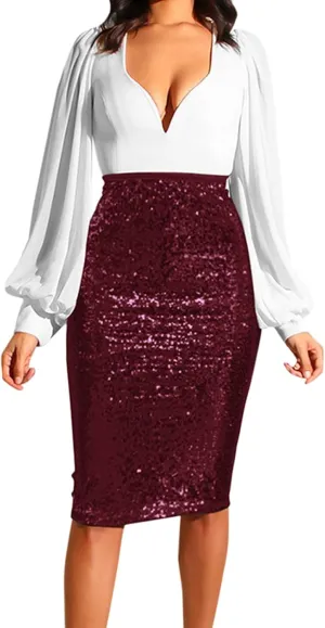 Skirts for Women Trendy Sequin High Elastic Waist Slim Fit Midi Length Pencil A-Line Skirts Fashion Clubwear