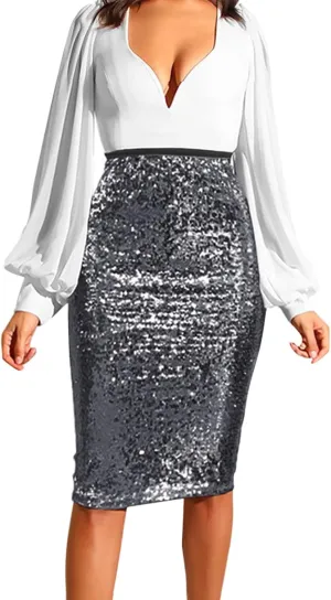 Skirts for Women Trendy Sequin High Elastic Waist Slim Fit Midi Length Pencil A-Line Skirts Fashion Clubwear