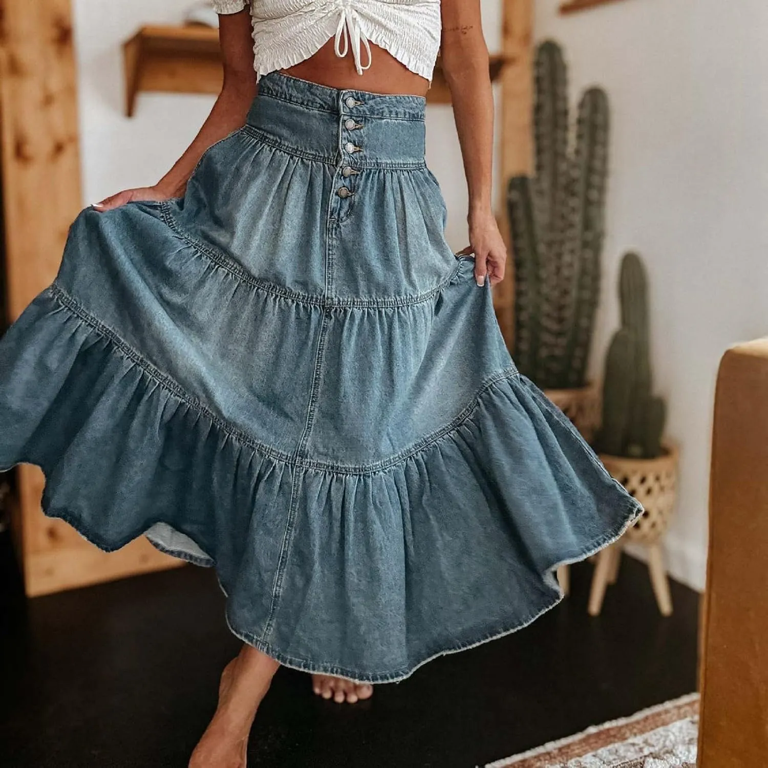 Skirts for Women,Long Denim Button Down High Waist Tiered Ruffle Swing A-Line Jean Maxi Skirt