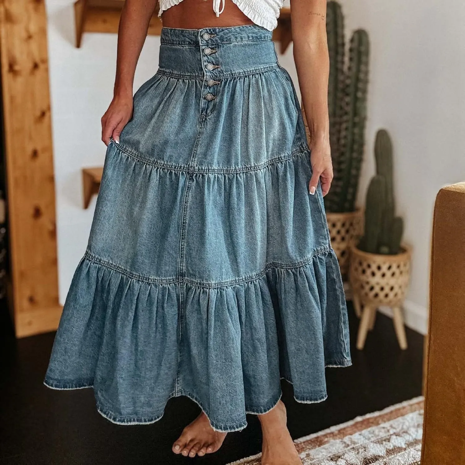 Skirts for Women,Long Denim Button Down High Waist Tiered Ruffle Swing A-Line Jean Maxi Skirt