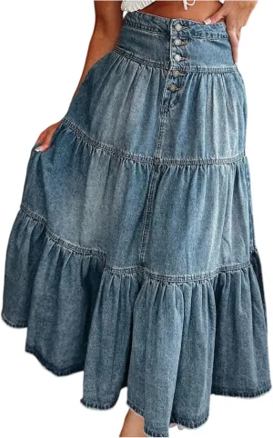 Skirts for Women,Long Denim Button Down High Waist Tiered Ruffle Swing A-Line Jean Maxi Skirt