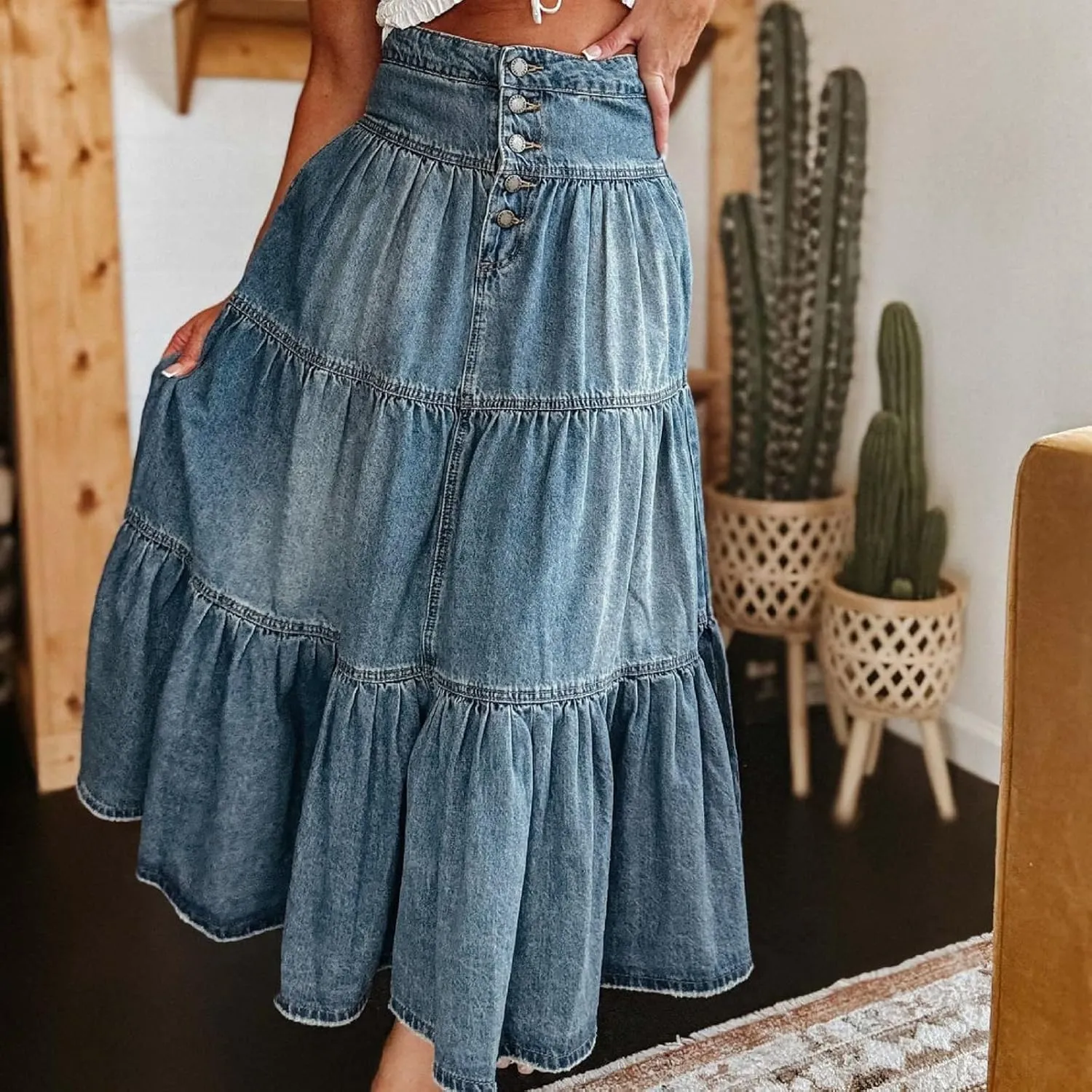 Skirts for Women,Long Denim Button Down High Waist Tiered Ruffle Swing A-Line Jean Maxi Skirt
