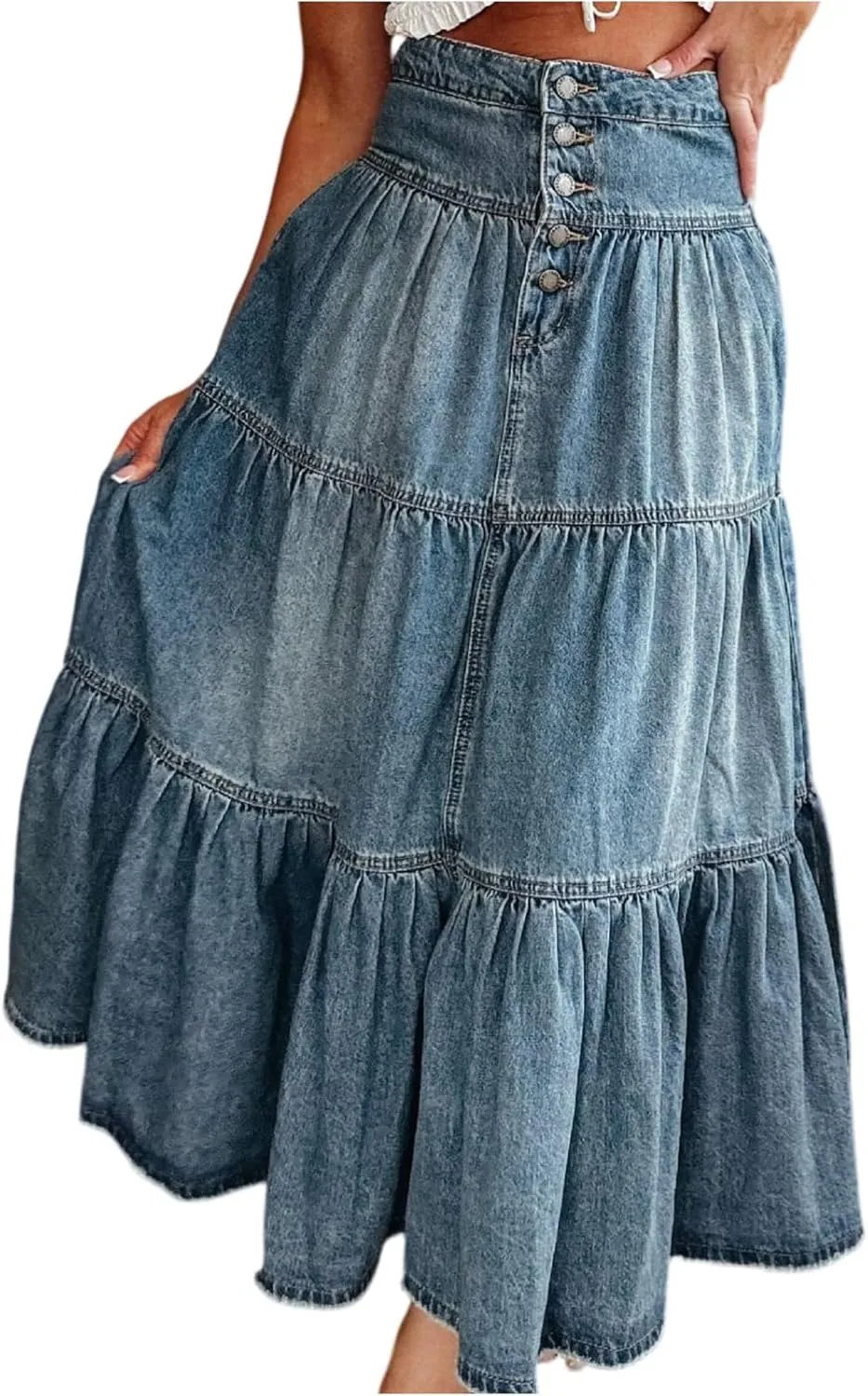 Skirts for Women,Long Denim Button Down High Waist Tiered Ruffle Swing A-Line Jean Maxi Skirt