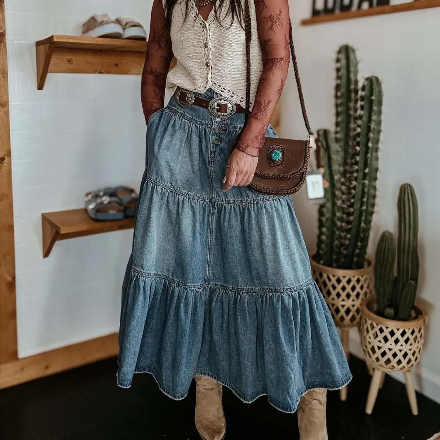 Skirts for Women,Long Denim Button Down High Waist Tiered Ruffle Swing A-Line Jean Maxi Skirt
