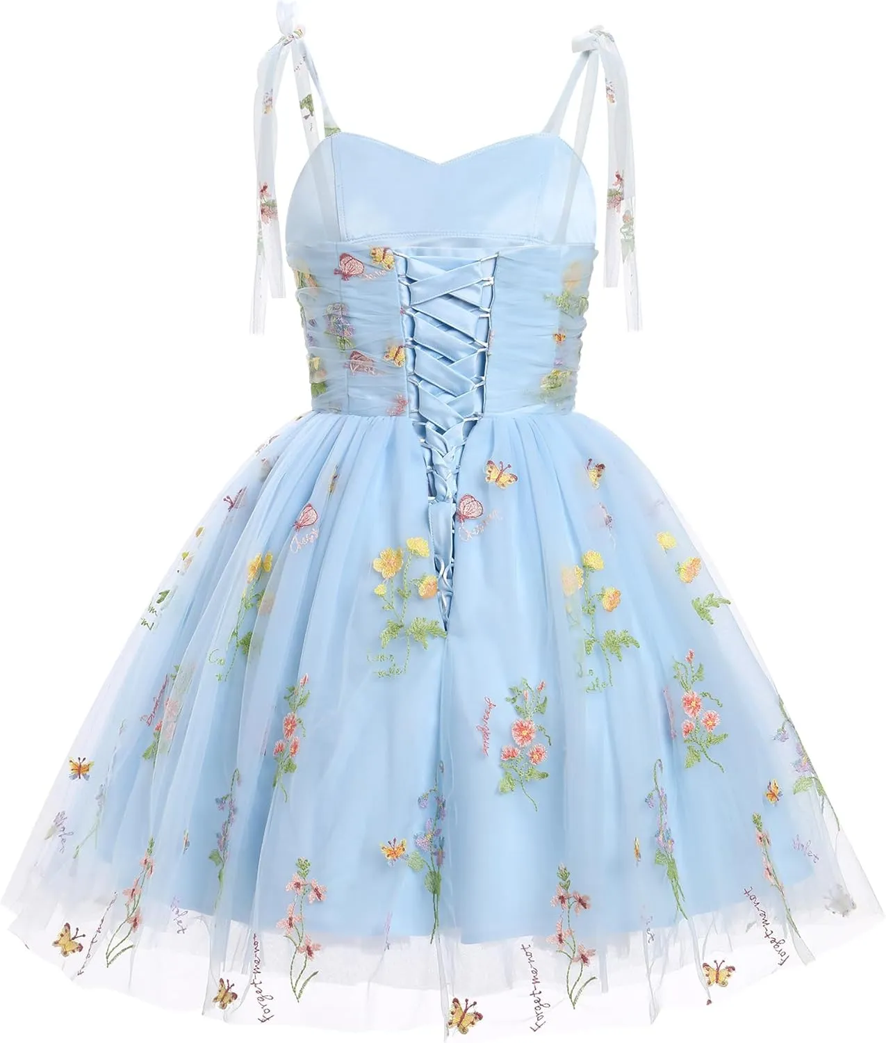Sleeveless Spaghetti Strap Short Homecoming Dresses for Teens Flower Embroidery Tulle Dress for Women Floral Fairy Dress