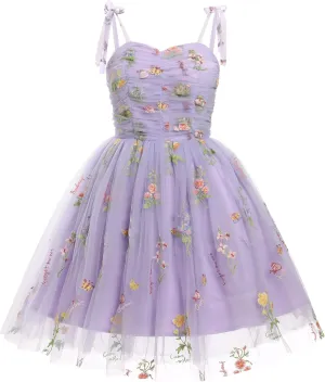 Sleeveless Spaghetti Strap Short Homecoming Dresses for Teens Flower Embroidery Tulle Dress for Women Floral Fairy Dress