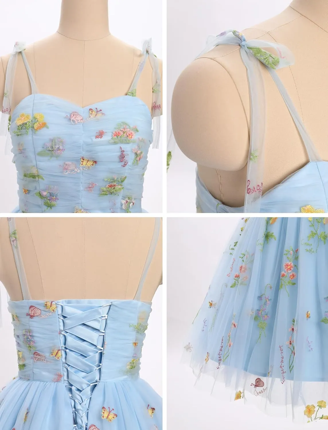 Sleeveless Spaghetti Strap Short Homecoming Dresses for Teens Flower Embroidery Tulle Dress for Women Floral Fairy Dress