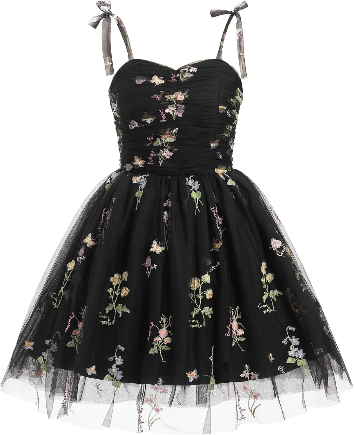 Sleeveless Spaghetti Strap Short Homecoming Dresses for Teens Flower Embroidery Tulle Dress for Women Floral Fairy Dress