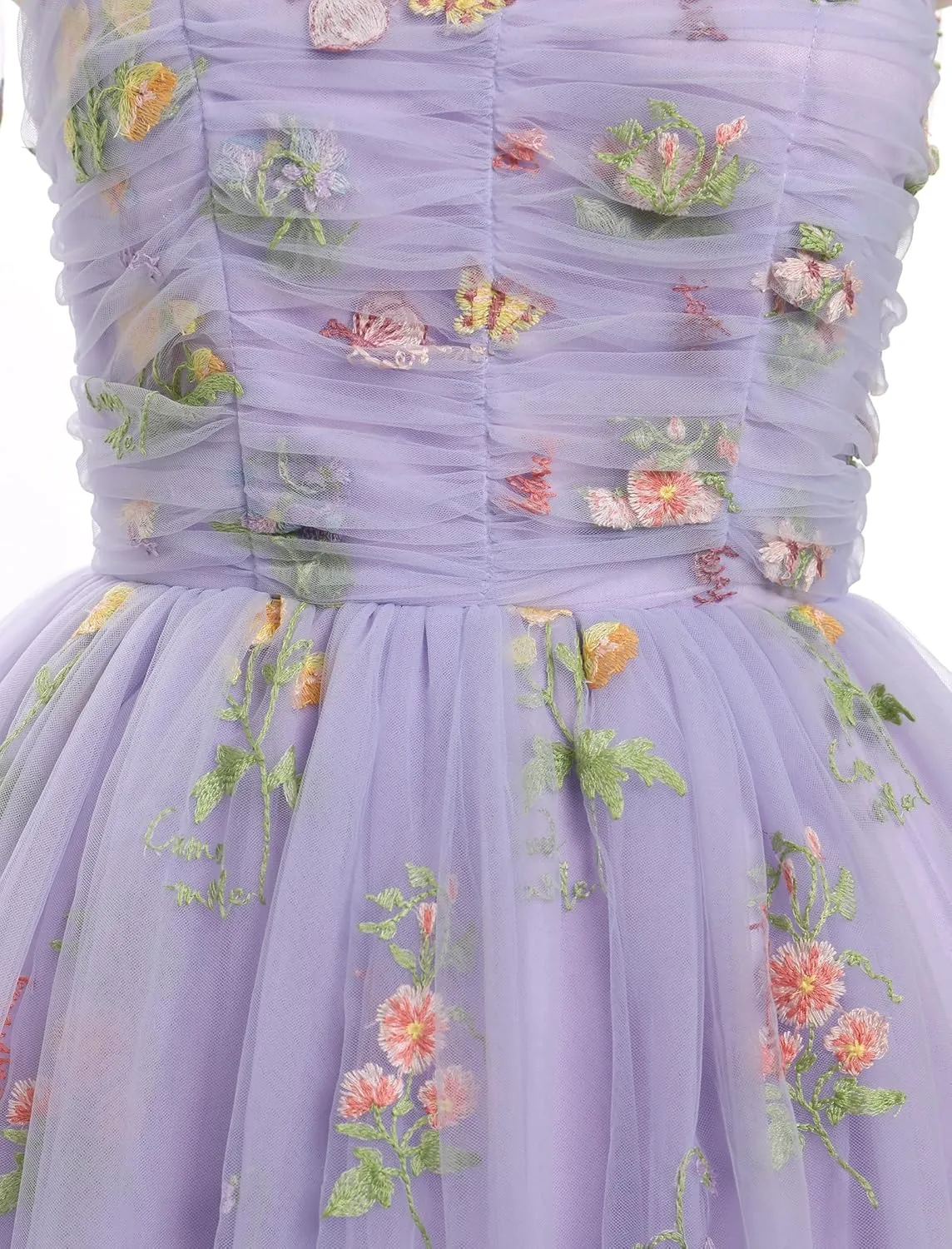 Sleeveless Spaghetti Strap Short Homecoming Dresses for Teens Flower Embroidery Tulle Dress for Women Floral Fairy Dress