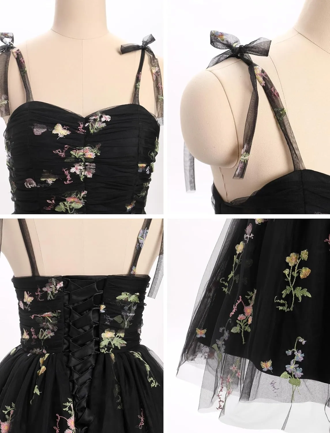 Sleeveless Spaghetti Strap Short Homecoming Dresses for Teens Flower Embroidery Tulle Dress for Women Floral Fairy Dress