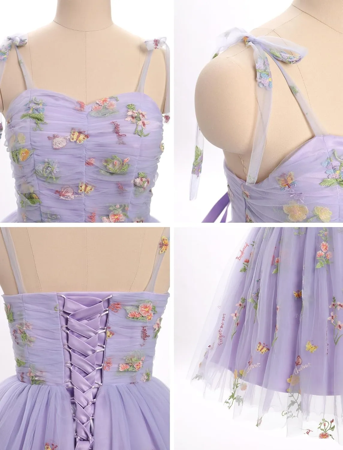 Sleeveless Spaghetti Strap Short Homecoming Dresses for Teens Flower Embroidery Tulle Dress for Women Floral Fairy Dress