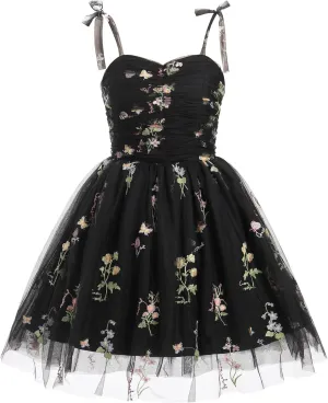 Sleeveless Spaghetti Strap Short Homecoming Dresses for Teens Flower Embroidery Tulle Dress for Women Floral Fairy Dress