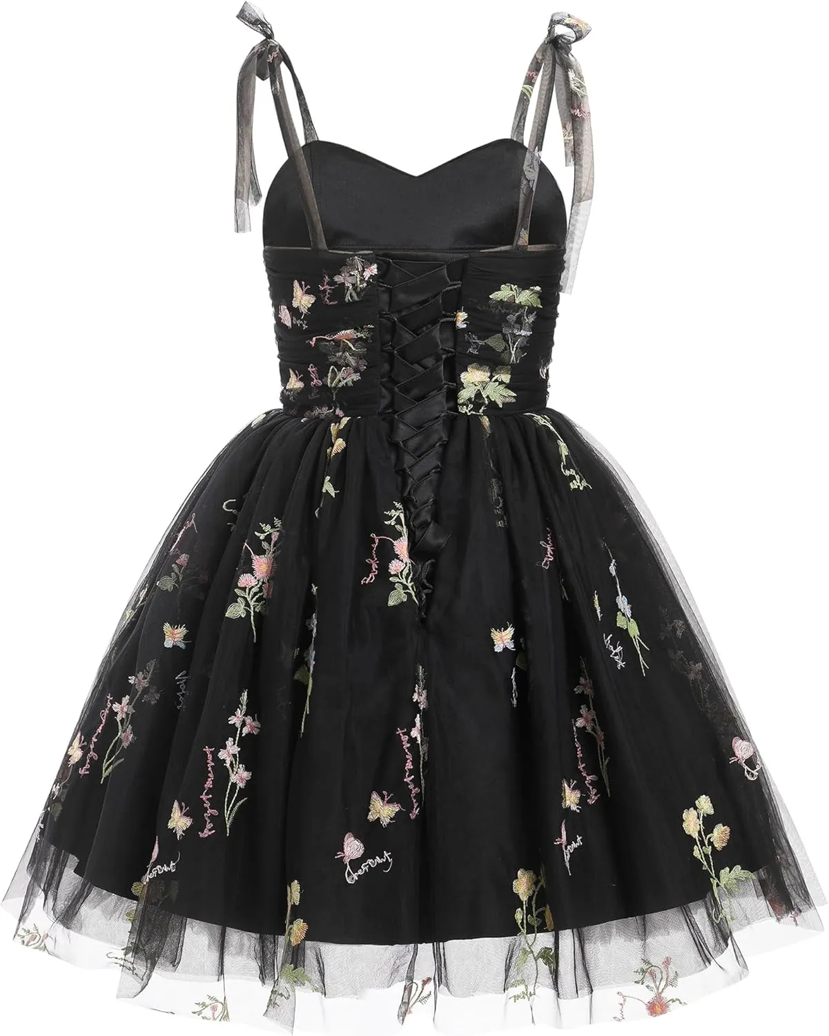 Sleeveless Spaghetti Strap Short Homecoming Dresses for Teens Flower Embroidery Tulle Dress for Women Floral Fairy Dress