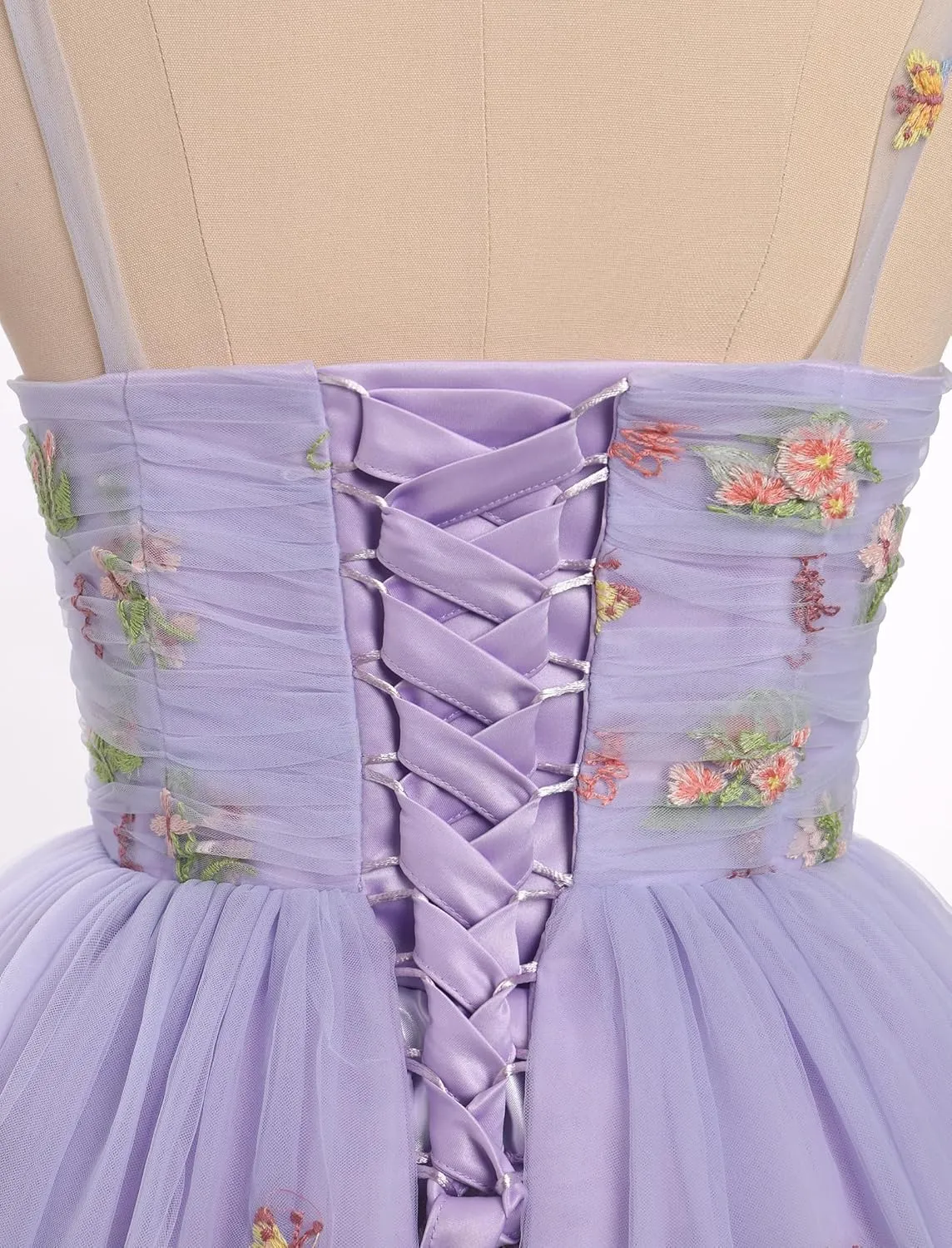 Sleeveless Spaghetti Strap Short Homecoming Dresses for Teens Flower Embroidery Tulle Dress for Women Floral Fairy Dress