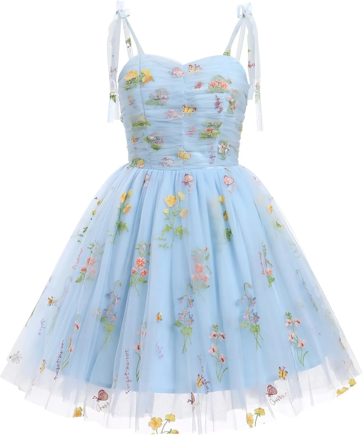 Sleeveless Spaghetti Strap Short Homecoming Dresses for Teens Flower Embroidery Tulle Dress for Women Floral Fairy Dress