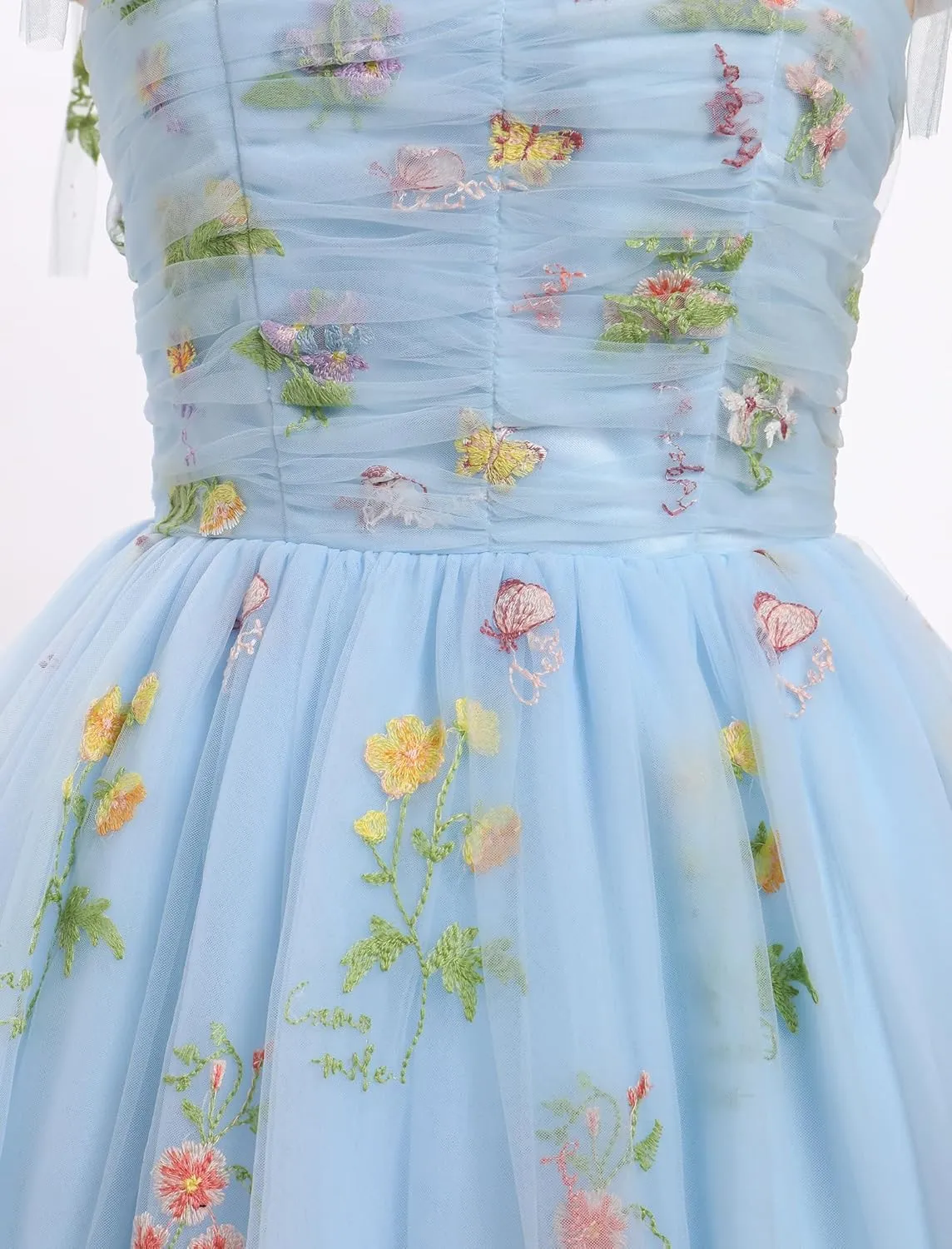 Sleeveless Spaghetti Strap Short Homecoming Dresses for Teens Flower Embroidery Tulle Dress for Women Floral Fairy Dress