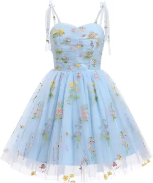 Sleeveless Spaghetti Strap Short Homecoming Dresses for Teens Flower Embroidery Tulle Dress for Women Floral Fairy Dress