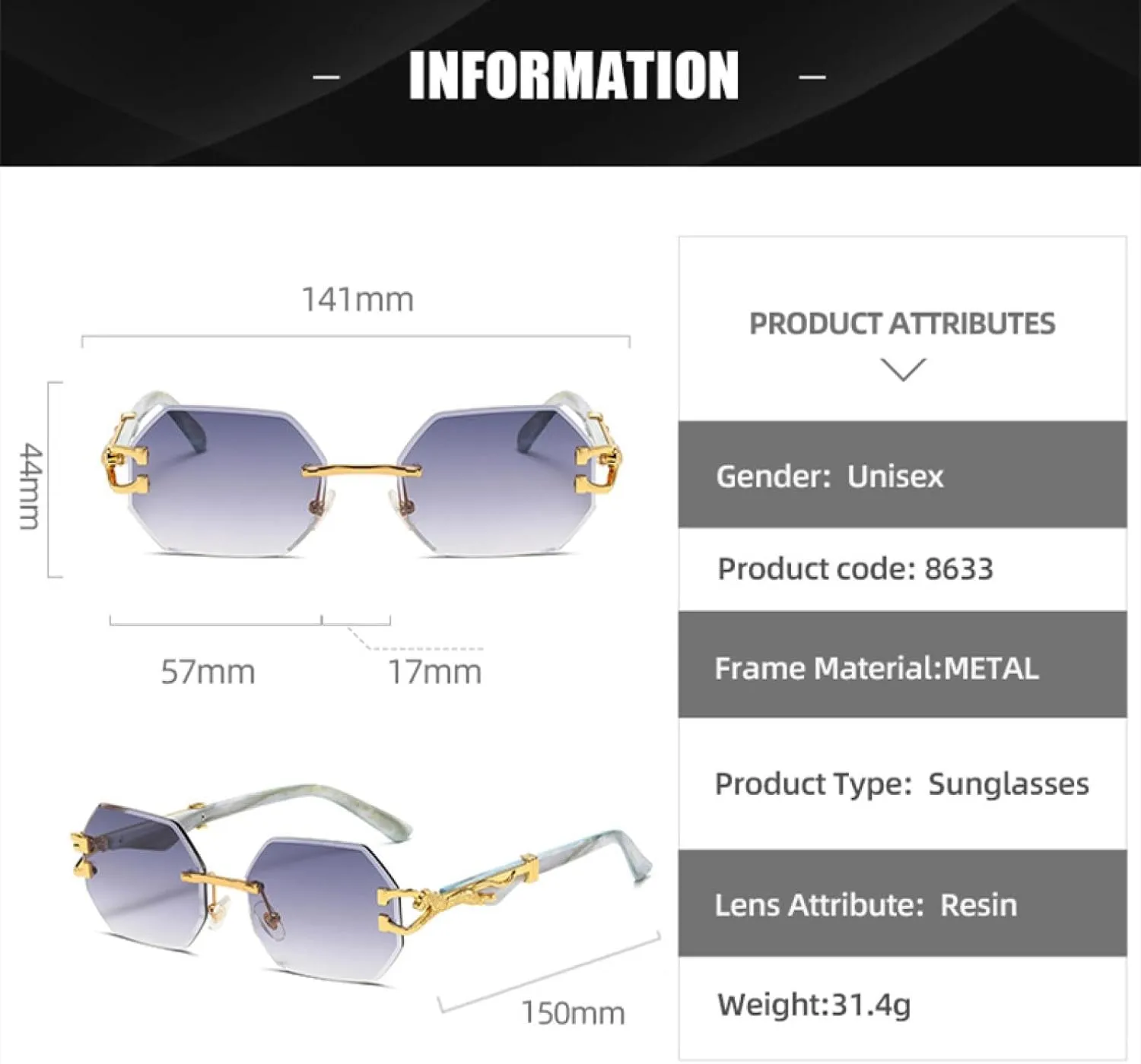 Small Frame Hexagon Rimless Sunglasses for Men Retro Luxury Uv400