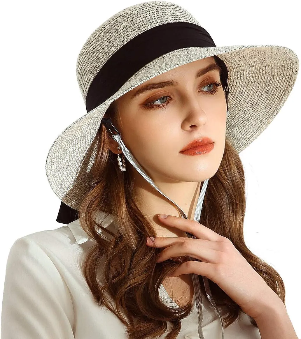 SOMALER Womens Straw Sun Hats Wide Brim Foldable Beach Hats UV UPF 50  Summer Sun Travel Hat for Women