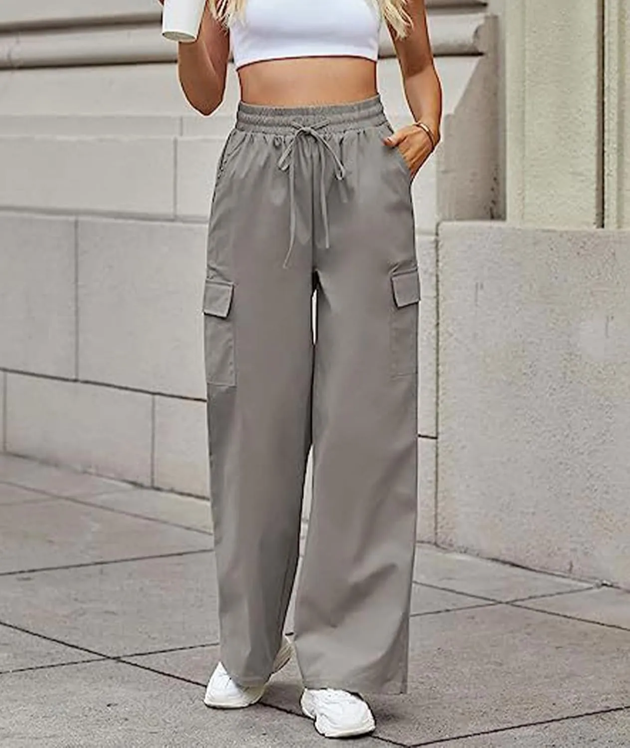 SOMTHRON Women's Cargo Pants Baggy Pull On Elastic Waist Relaxed Fit Flap Pockets Loose Straight Wide Leg Trousers