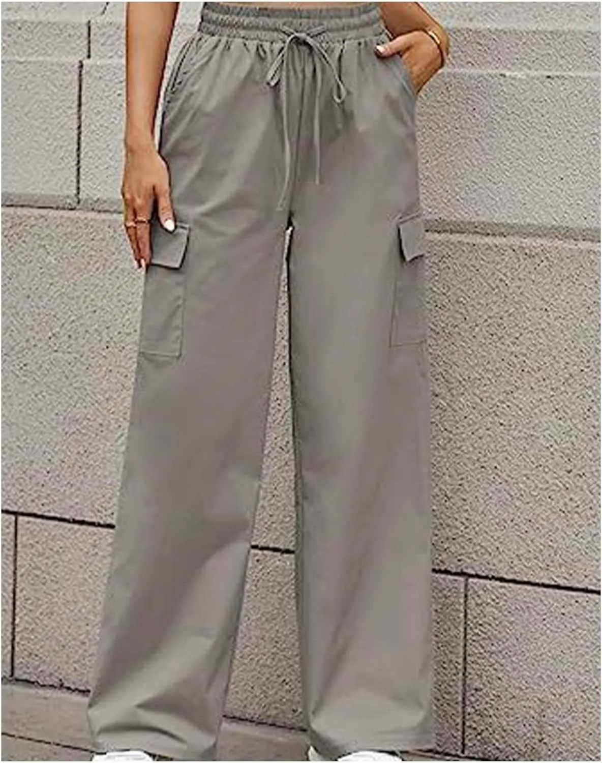SOMTHRON Women's Cargo Pants Baggy Pull On Elastic Waist Relaxed Fit Flap Pockets Loose Straight Wide Leg Trousers