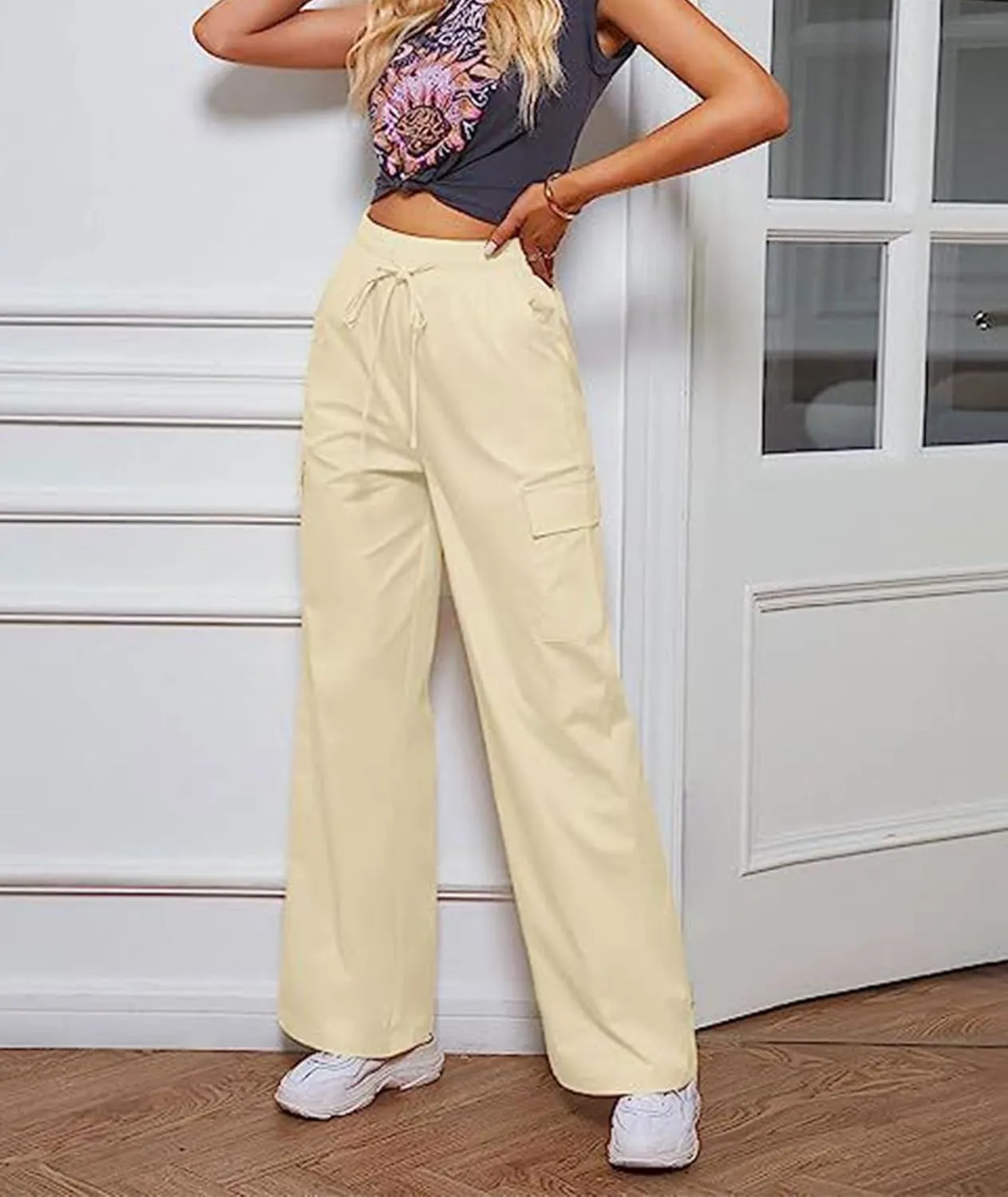 SOMTHRON Women's Cargo Pants Baggy Pull On Elastic Waist Relaxed Fit Flap Pockets Loose Straight Wide Leg Trousers