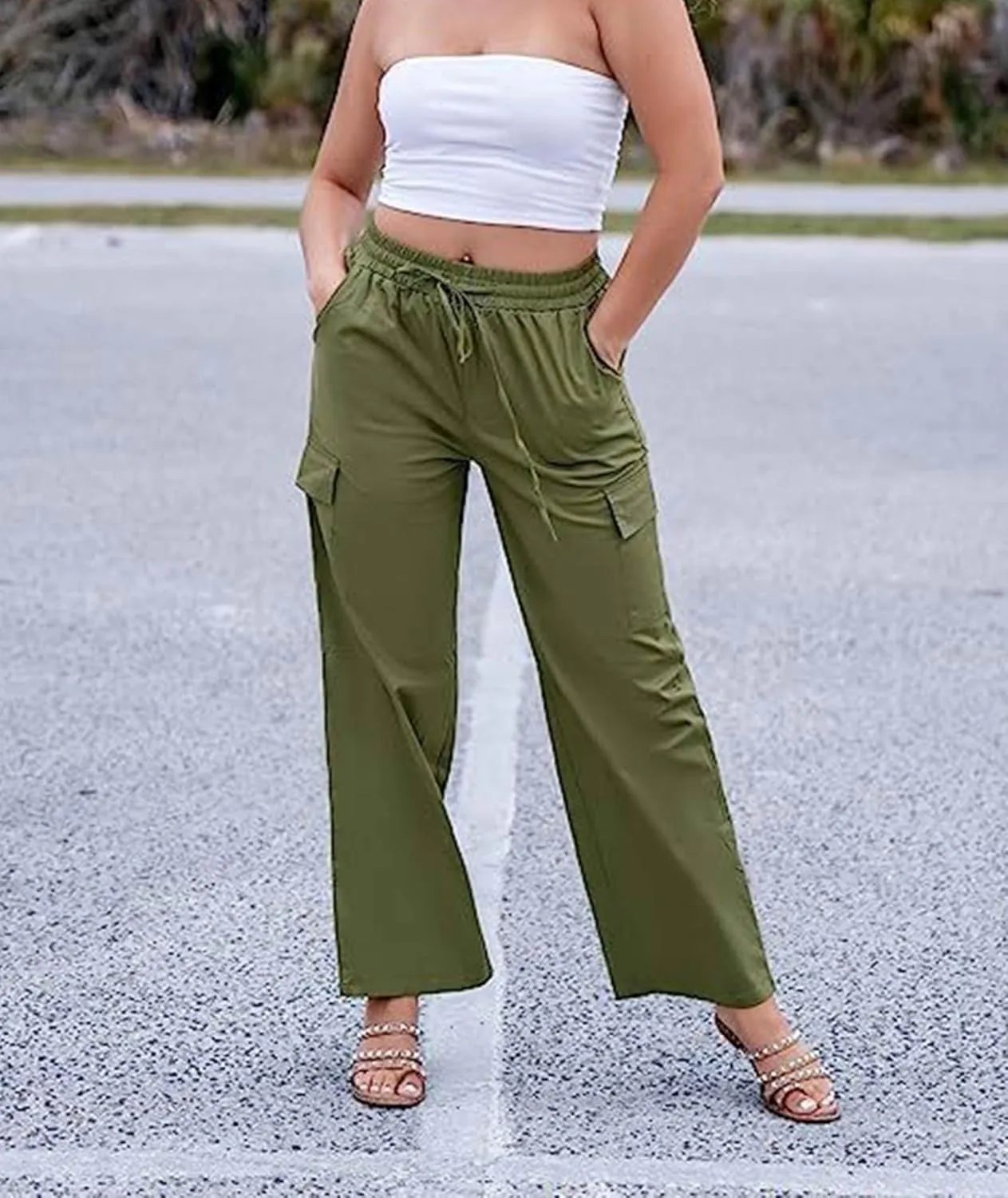 SOMTHRON Women's Cargo Pants Baggy Pull On Elastic Waist Relaxed Fit Flap Pockets Loose Straight Wide Leg Trousers