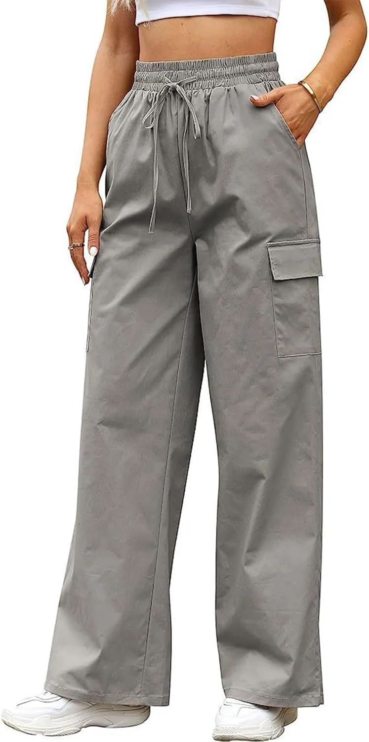 SOMTHRON Women's Cargo Pants Baggy Pull On Elastic Waist Relaxed Fit Flap Pockets Loose Straight Wide Leg Trousers