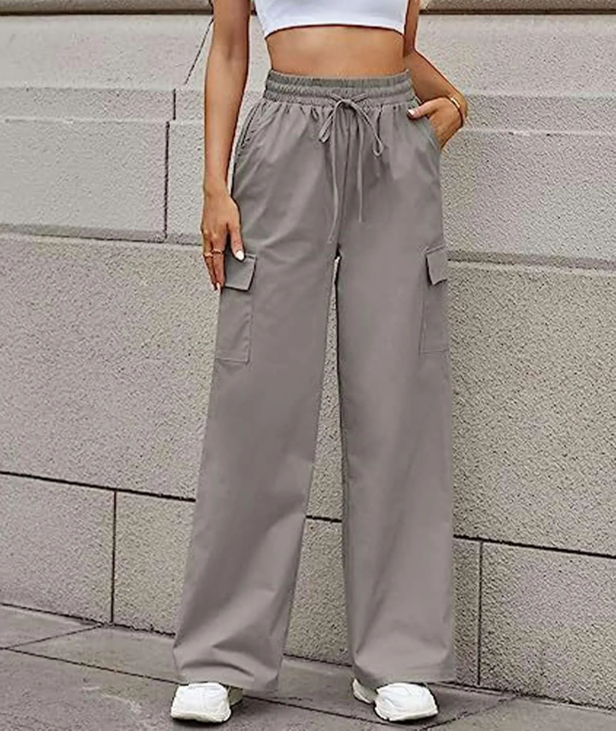 SOMTHRON Women's Cargo Pants Baggy Pull On Elastic Waist Relaxed Fit Flap Pockets Loose Straight Wide Leg Trousers