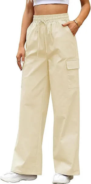 SOMTHRON Women's Cargo Pants Baggy Pull On Elastic Waist Relaxed Fit Flap Pockets Loose Straight Wide Leg Trousers