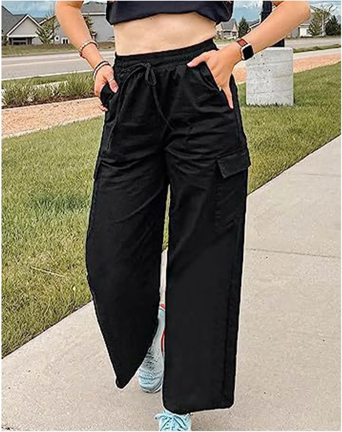 SOMTHRON Women's Cargo Pants Baggy Pull On Elastic Waist Relaxed Fit Flap Pockets Loose Straight Wide Leg Trousers