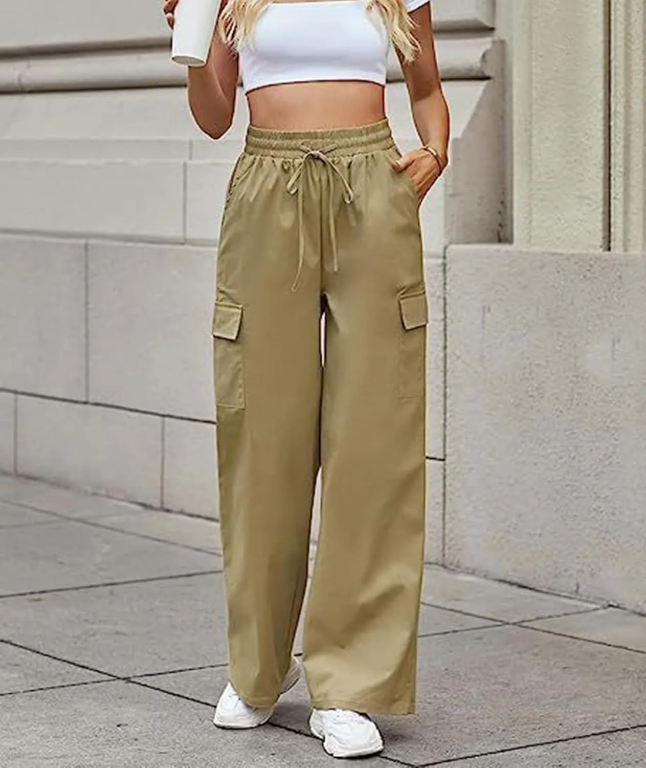 SOMTHRON Women's Cargo Pants Baggy Pull On Elastic Waist Relaxed Fit Flap Pockets Loose Straight Wide Leg Trousers