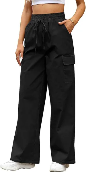 SOMTHRON Women's Cargo Pants Baggy Pull On Elastic Waist Relaxed Fit Flap Pockets Loose Straight Wide Leg Trousers